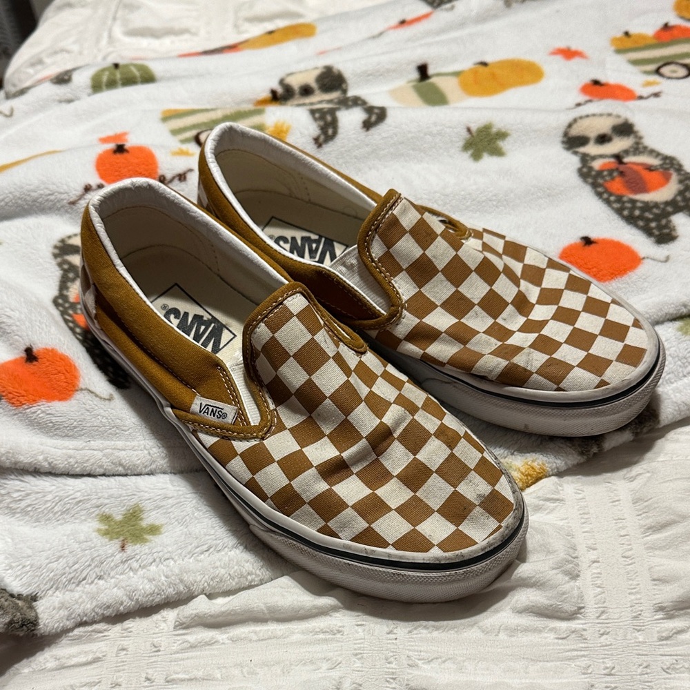 Vans Brown and White Checkered Slip-On Sneakers